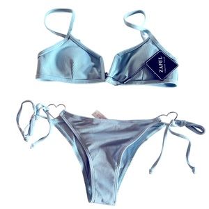 ZAFUL ribbed light blue bikini silver heart hardware and string side bottom NWT